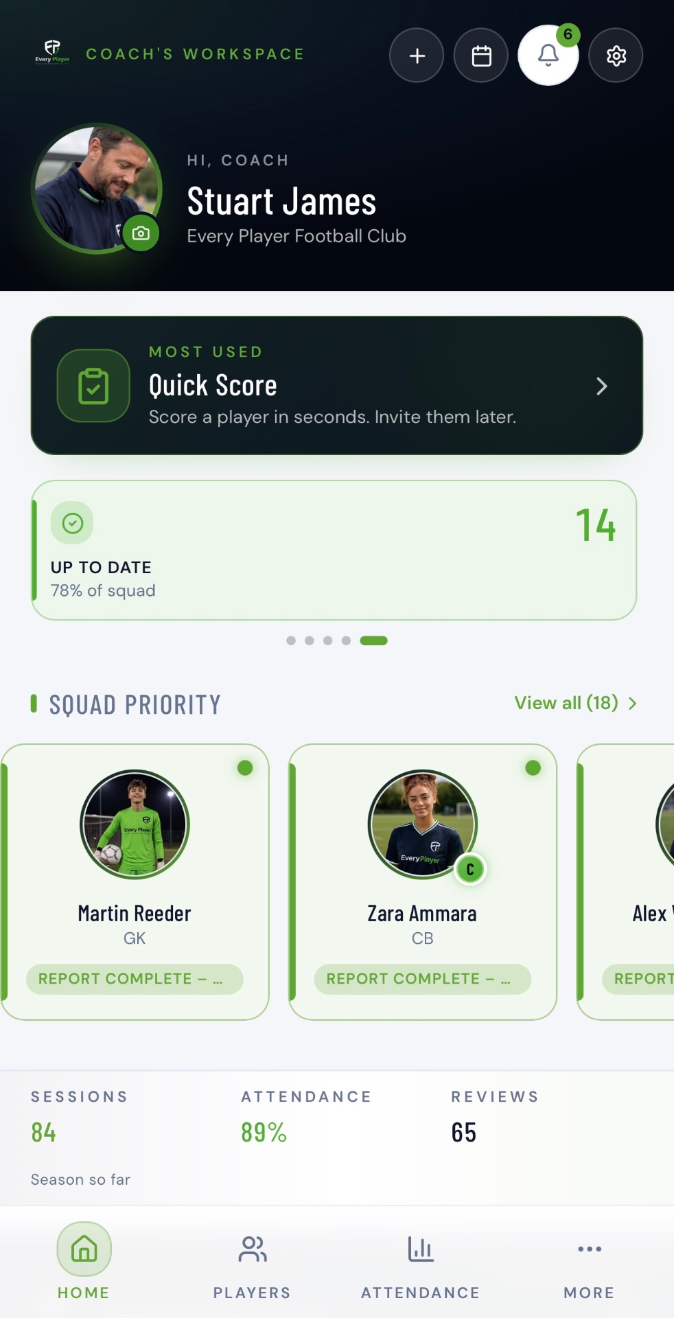Coach dashboard showing squad priorities and quick score entry